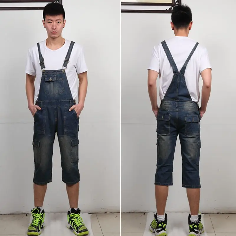 Plus Size 8XL Men's calf length Multi pocket Denim Jumpsuits Male Jeans
