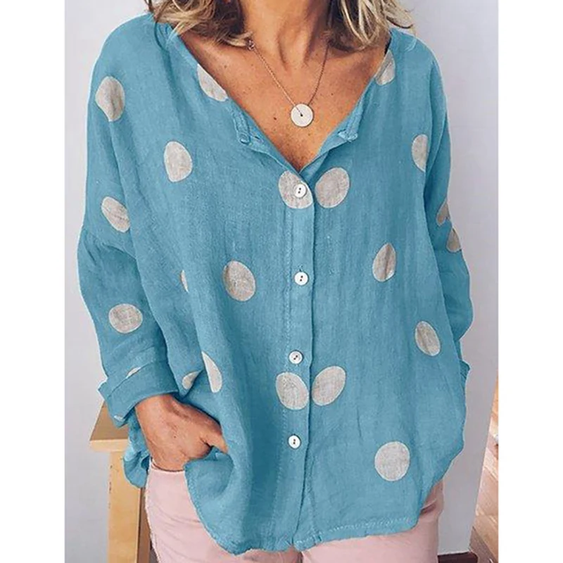 Laamei, узор в горошек, Женская Повседневная Блузка, рубашка, длинный рукав, пуговицы, свободные женские блузки, топы размера плюс, базовые Блузы - Цвет: Blue