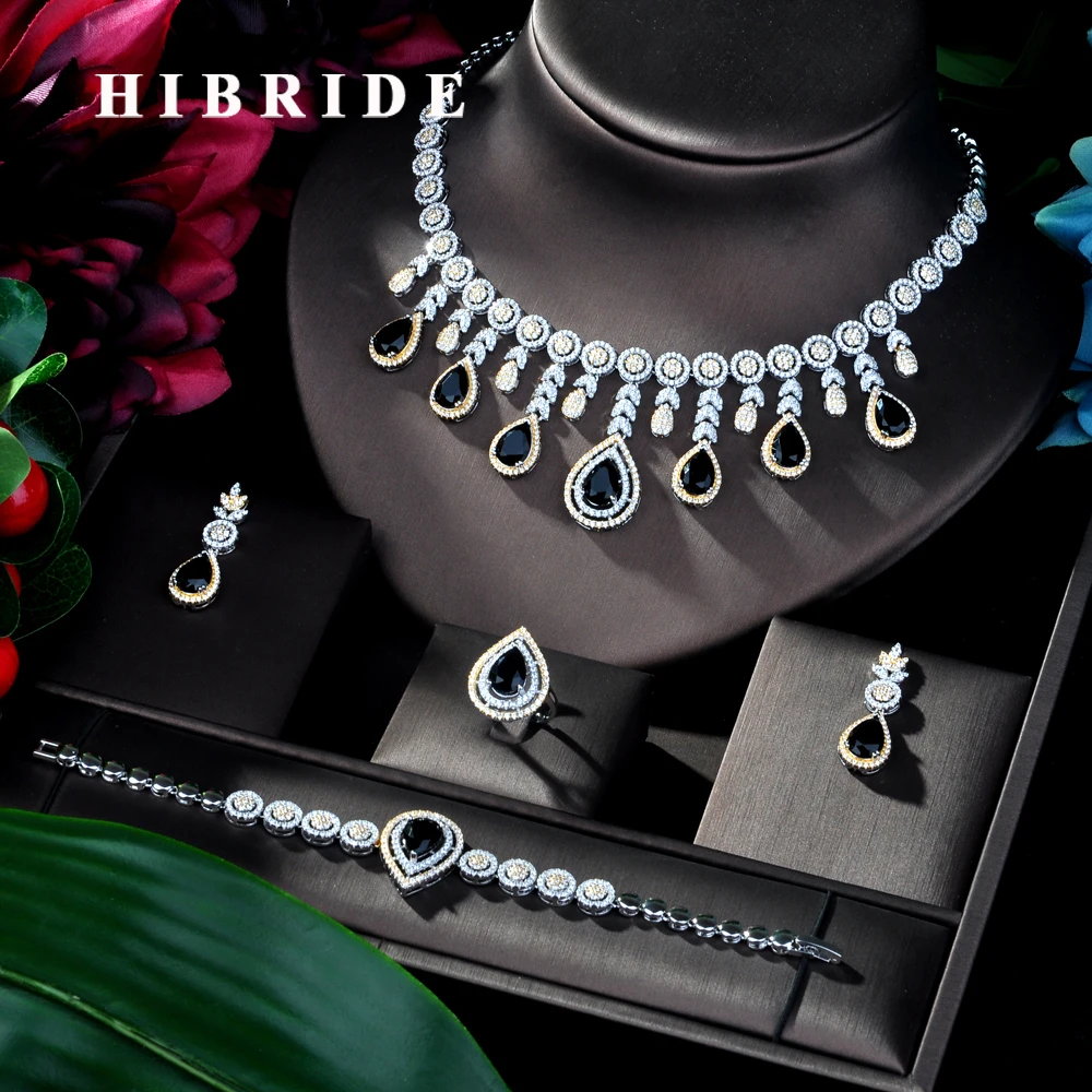 

HIBRIDE Elegent Cubic Zircon 4pcs Necklace Jewelry Set Waterdrop Design 2 Tones Wedding Bridal Set for Lady Party Dress N-128