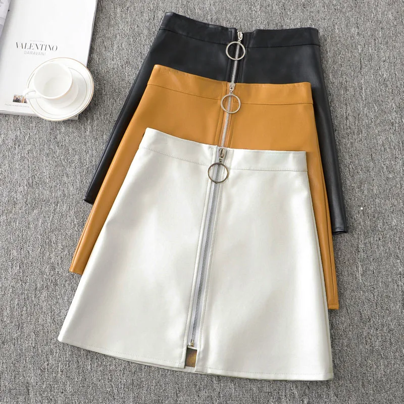 Высококачественная кожаная женская юбка, летняя Корейская короткая мини юбка с высокой талией и большим железным кольцом на молнии желтого, черного, белого цвета