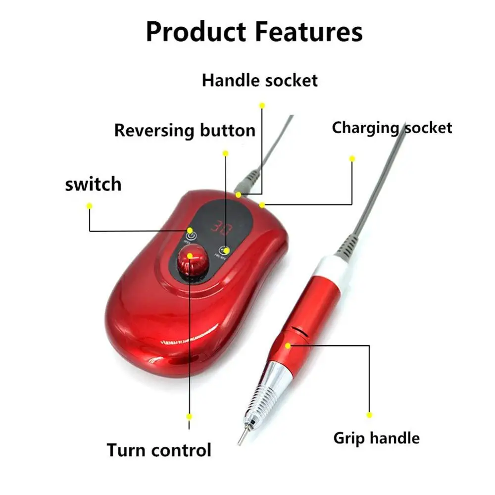 Портативная дрель для ногтей 30000 об/мин 36 Вт маникюрная машина для ногтей Гель-лак с перезаряжаемой батареей