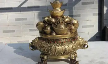 

Chinese Folk Pure Brass Copper Yuan Bao Money Treasure Bowl Wealth Beast Statue