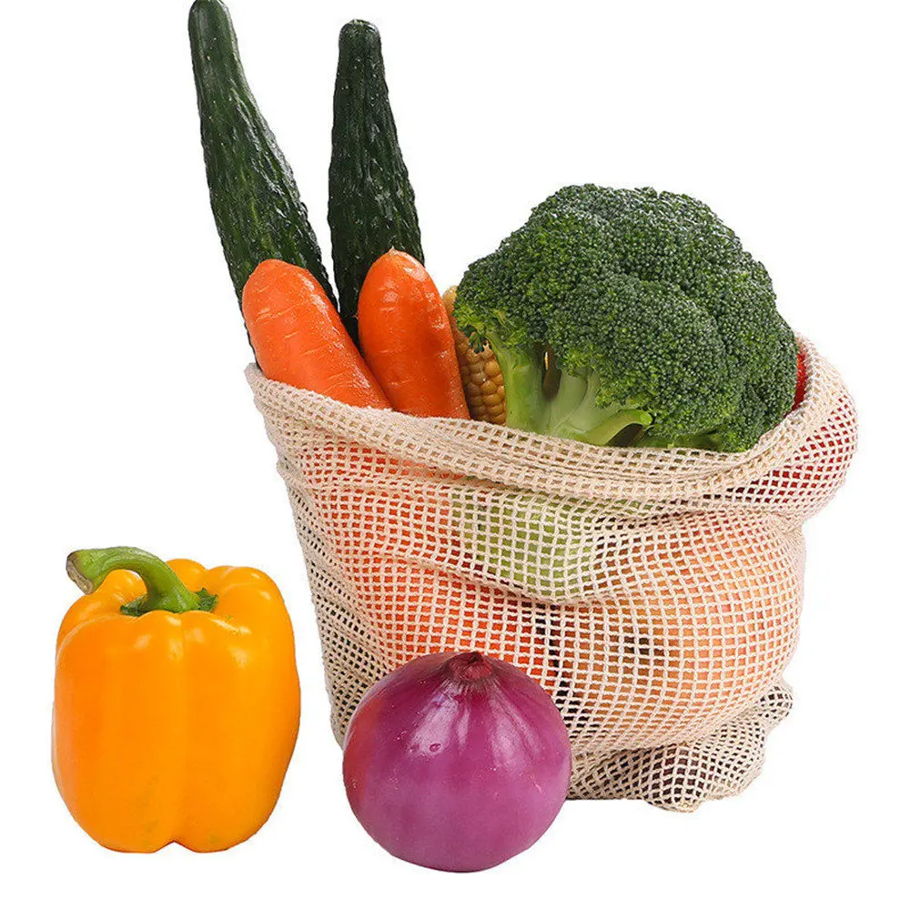10pcs Reusable Cotton Vegetable Bags Kitchen Organizer Fruit Toy High Quality Drawstring Mesh Storage Bag Machine Washable