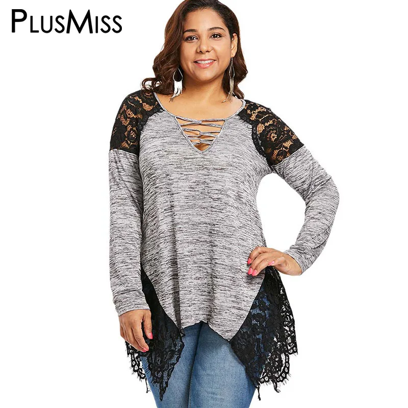 

PlusMiss Plus Size Sexy Lace Cold Shoulder Long Sleeve Blouse Women Big Size Autumn 2018 Lace Up Vintage Loose Tunic Long Tops