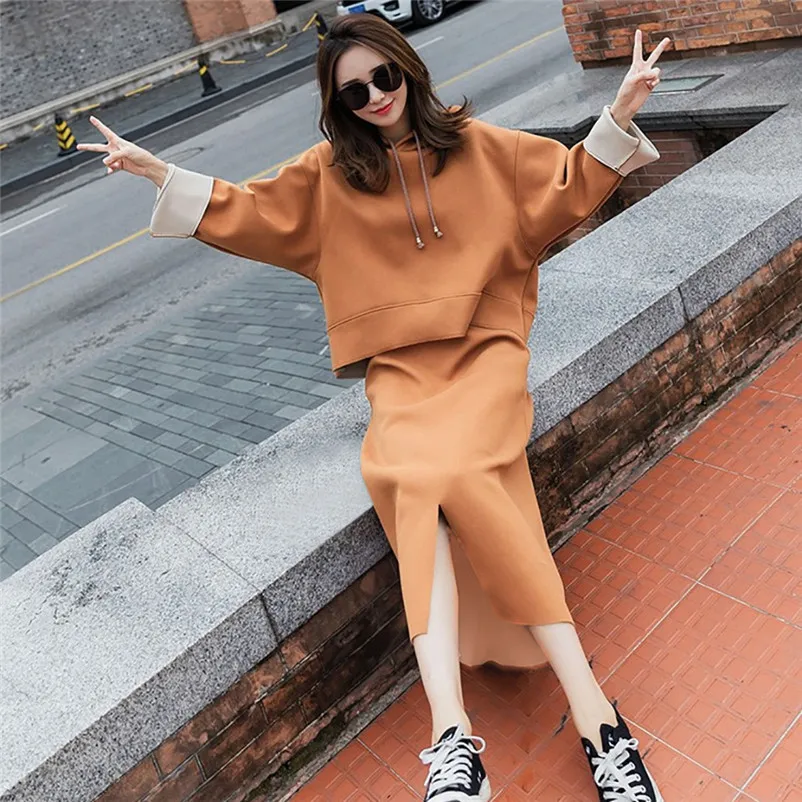 Two-Piece Women's Hooded Skirt Sportswear Sweatshirt Sportswear long sweater skirt women's clothing conjuntos de mujer 3D05 (5)