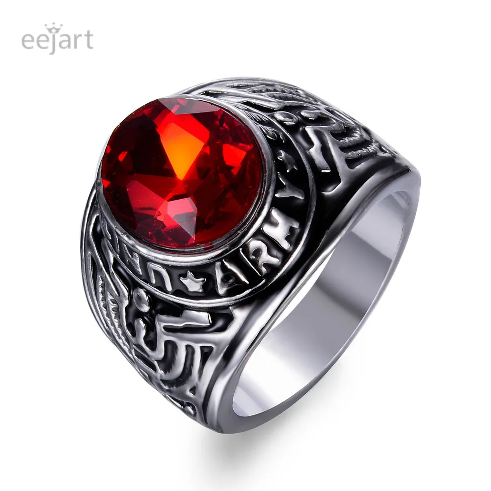 

American Army Soldier Rings Trendy Tide Male Red Stone Antique Silver Color Crystal Ring For Man