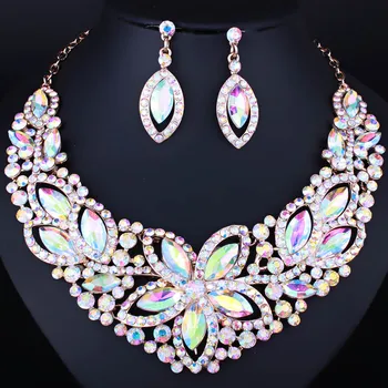 

FARLENA Wedding Jewelry New Flower Crystal Glass Necklace and Earrings for Bridal Full Rhinestones Jewelry Sets