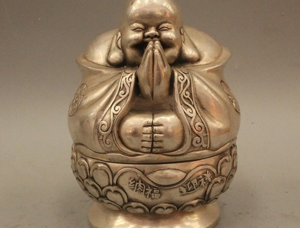

7"Marked Chinese China Silver Lucky Maitreya Buddha Incense Burner Censer