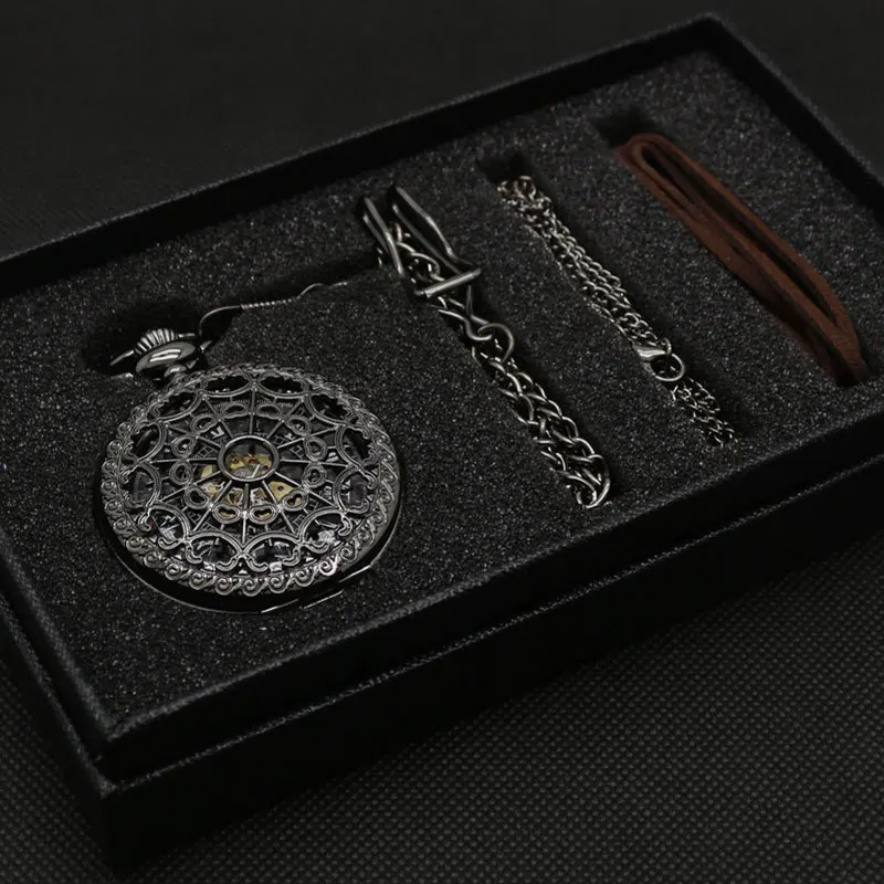 Bronze Mechanical Hand Wind Pocket Watch Gift Good Quality With Gift Bag Leather Strap Gift Box