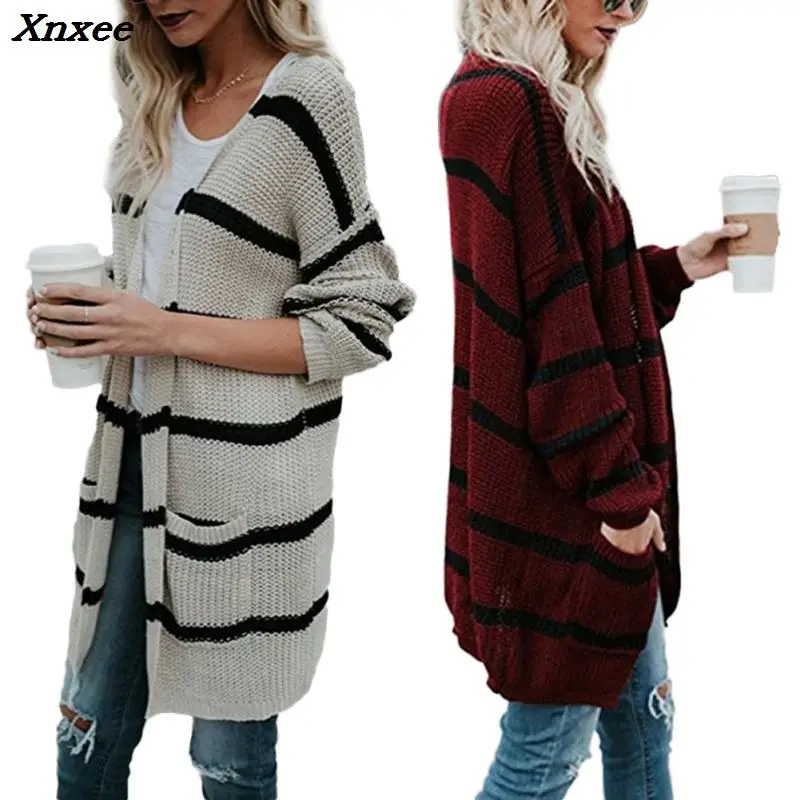 Autumn Winter Women Medium And Long Style Ladies' Street Fashionable Long Striped Knitted Cardigan Outerwear With Pocket Xnxee