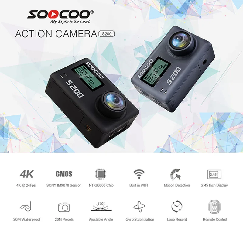 Спортивная Экшн камера SOOCOO S200 Ultra HD 4K 20 МП NTK96660 Чип IMX078 датчик WiFi Gryo Голосовое