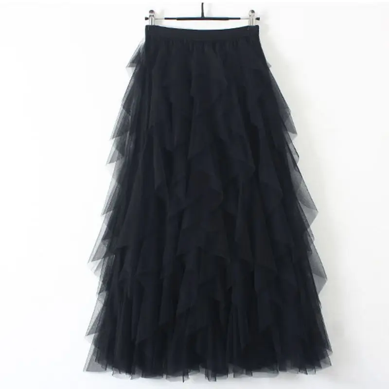 Женская многослойная сетчатая балетная юбка с высокой талией, вечерние тюлевые трапециевидные юбки средней длины, пышная Асимметричная Женская длинная юбка-пачка с оборками - Цвет: Черный