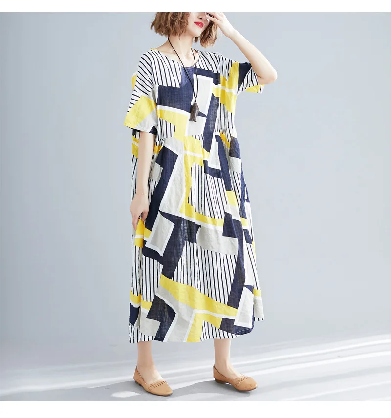 

Johnature New O-neck Half Sleeve Casual Korean Plus Size Loose Summer Dresses For Women 2019 Patchwork Hit Color Simple Dress