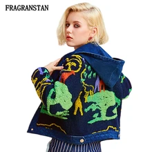 Женская зимняя новинка, толстое шерстяное пальто с капюшоном, модные джинсовые парки с мультяшным принтом в стиле пэчворк, индивидуальные высококачественные куртки JQ335