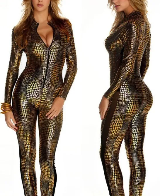 

M-XXL 2017 New Arrival Women Sexy Lingerie Jumpsuits Snake Bodycon Costume Leather Rompers Deep V Sexy Hot Fitness Bodysuit