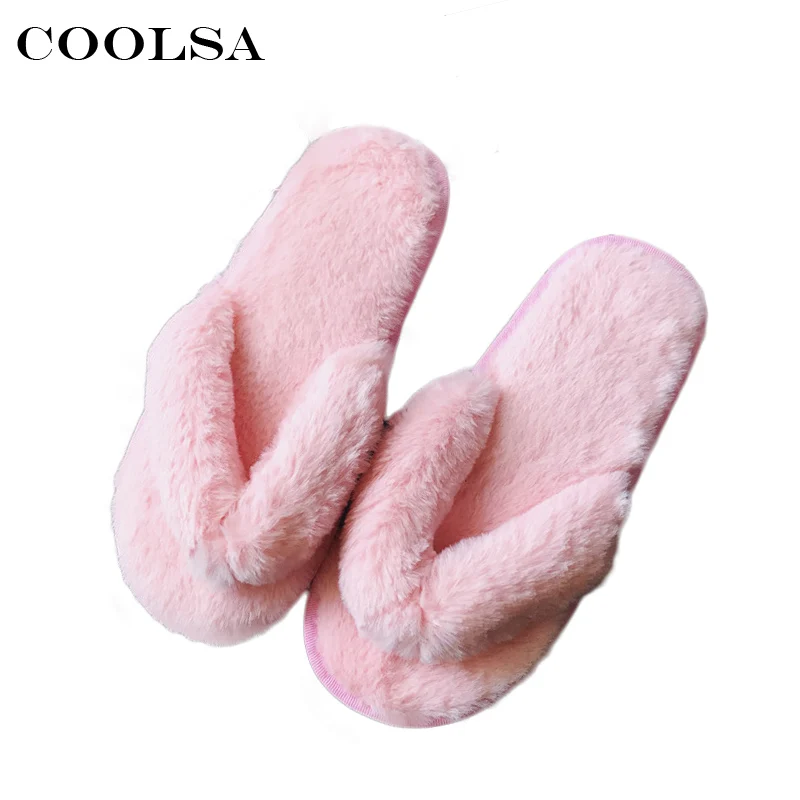 pink Coolsa/Лидер продаж; зимние женские плюшевые Вьетнамки; милые пушистые меховые шлепанцы; Домашние мягкие домашние тапочки на плоской подошве; женская теплая обувь из флока - Цвет: pink