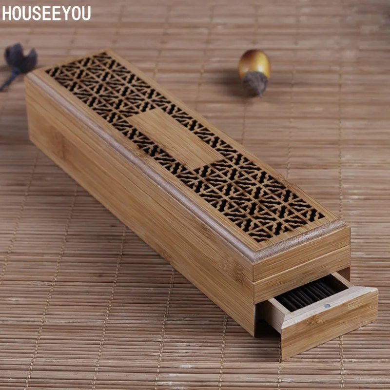 

Bamboo Incense Burner Incense Stick Holder With Drawer Joss-stick Box Hollow Aromatherapy Zen Lying Censer Home Office Teahouse