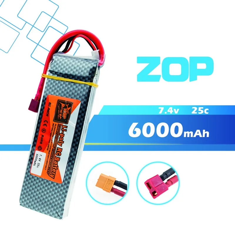 

ZOP Power 7.4V 6000MAH 25C 2S T XT60 Plug Lipo Battery For RC Drone Models Helicopters Airplanes Cars Boat RC Lipo Batteria