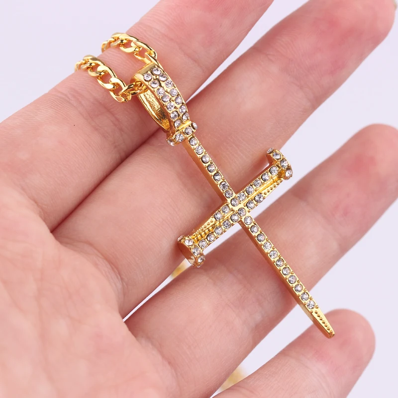 

Gold Color Rhinestone Cross Pendant Necklace Chain For Men Women And Girl Gift Chokers Chockers Bijoux Femme Hip Hop Jewelry