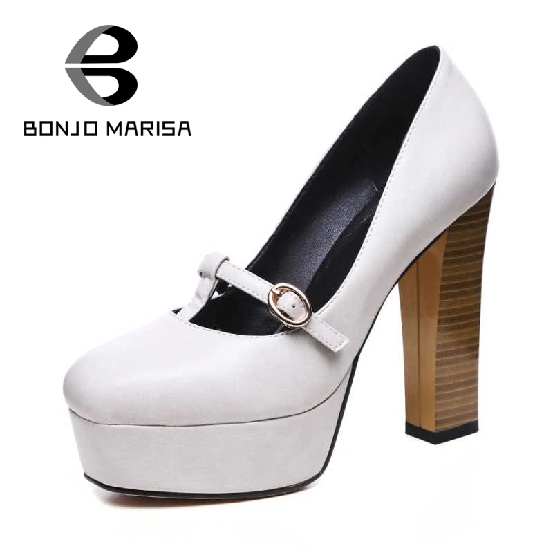 

BONJOMARISA Size 32-42 New Women Pumps Sexy Square High Heels Buckle Design Platform Party Wedding Shoes