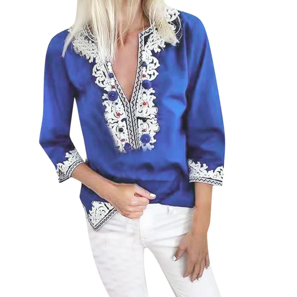 

FREE OSTRICH Women Shirts Bohemian Loose Half Sleeve Purple Ethnic Style Print Shirt Fashion 2019 New Comfortable Women Shirts