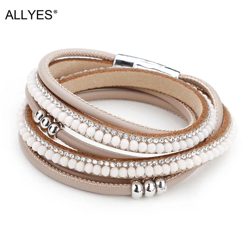 

ALLYES Women Leather Bracelets Femme Magnetic Clasp Boho Style Acrylic Beads Charm Multilayer Wrap Bracelet Female Jewelry