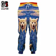OGKB осенне-зимние повседневные мужские спортивные штаны с забавным принтом кота, 3D спортивные штаны, мужские хип-хоп Длинные цветные полосатые штаны на шнурке