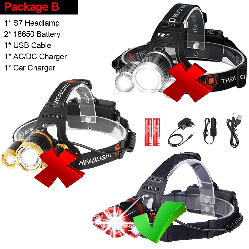 Package B 3* T6 светодиодный налобный фонарь мощный супер яркий масштабируемый налобный фонарь для езды на велосипеде с батареей 18650 - Испускаемый цвет: Package B