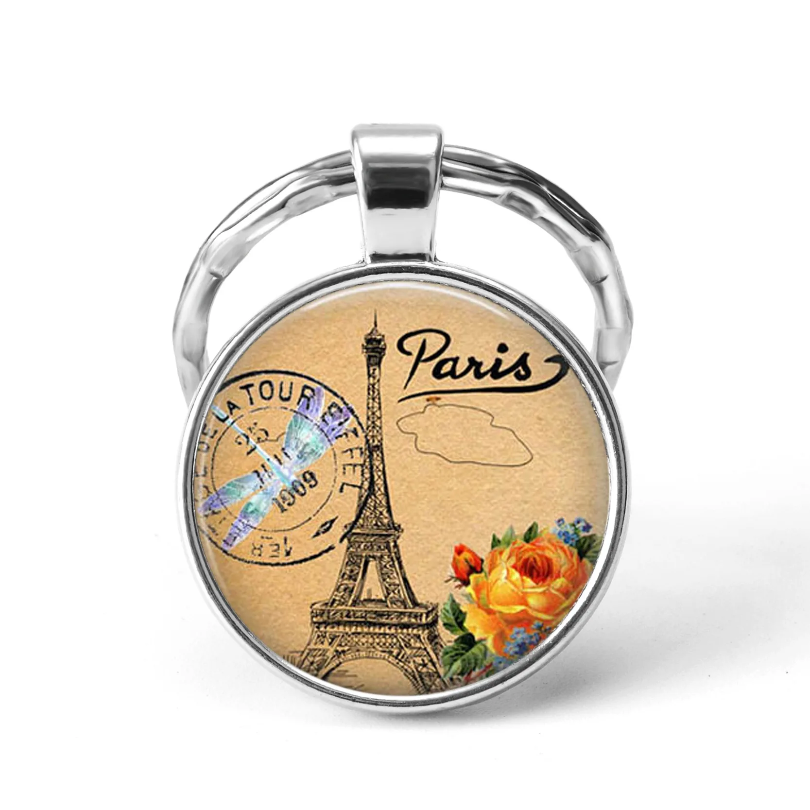 

Fashion Paris Key Chain Eiffel Tower Notre Dame Cathedral Versailles Louvre Picture Glass Pendant Metal Keychain