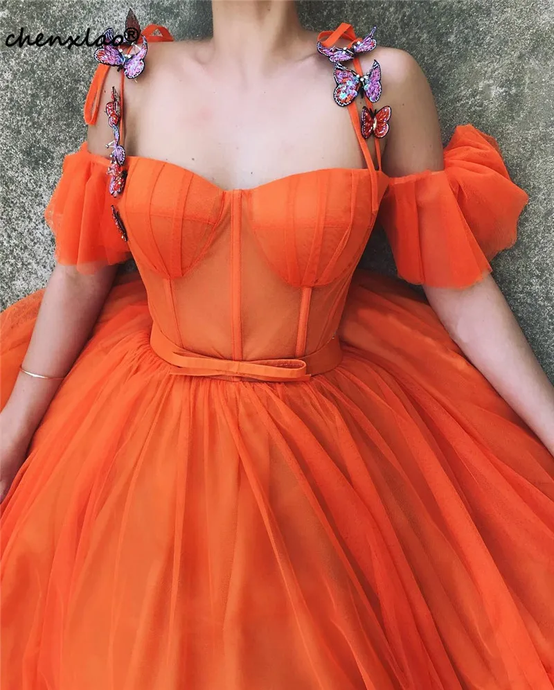 Vestido de festa оранжевые вечерние платья для любимой кружевные аппликации на тонких бретельках вечернее платье 2019 специальные платья