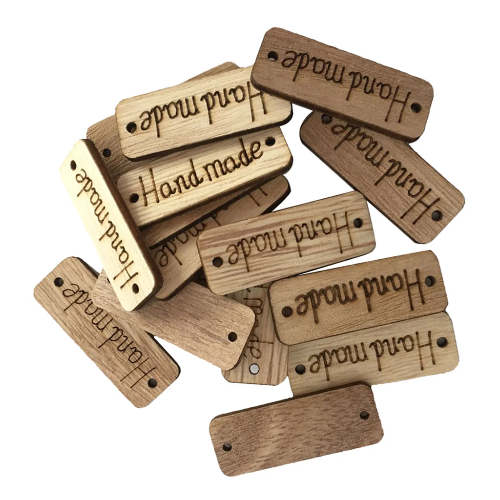 100Pcs Handmade Tag Label Wooden Buttons Wood Handmade Tags Button with 2 Holes for Crafts Sewing Clothing Decoration