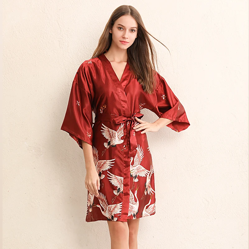 

Spring Summer Nightwear Women's Sexy Sleeping Robe Spinning Silk Morning Dress Ice Silk Thin SleepDress Crane Private Bathrobe