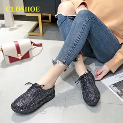 Closhoe Primavera Y Otoño Nuevo Estilo Cabeza Redonda Gradiente de Lentejuelas Fondo Plano Casual con Cordones Zapatos de Mujer Solo Zapato Marea Closhoe Primavera Y Otoño Nuevo Estilo Cabeza Redonda Gradiente de Lentejuelas Fondo Plano Casual con Cordones Zapatos de Mujer Solo Zapato Marea