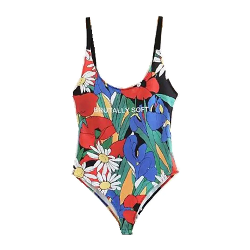 

Sexy Colored Flower Letter Print Backless Tank Bodysuit 2018 Woman O neck Spaghetti Strap Short Jumpsuit Rompers Playsuits
