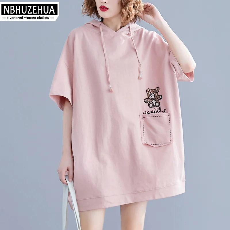 NBHUZEHUA женская футболка большого размера с капюшоном Kawaii вышивка розовая длинная
