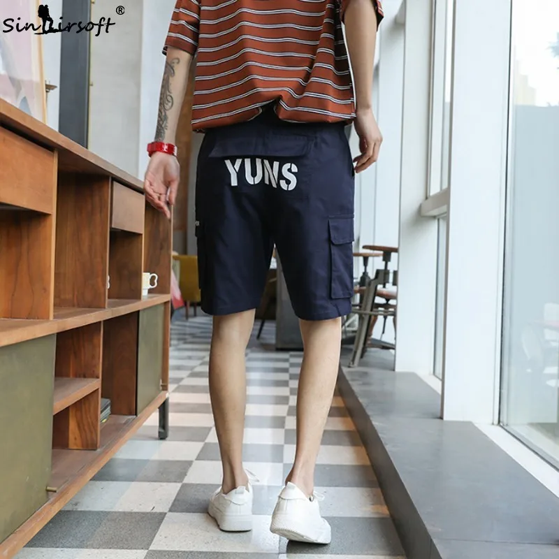 S-3XL Cotton Straight Stretch Cargo Shorts Men Drawstring Waist Letter Print Shorts Male Side Big Pockets Summer Trousers New