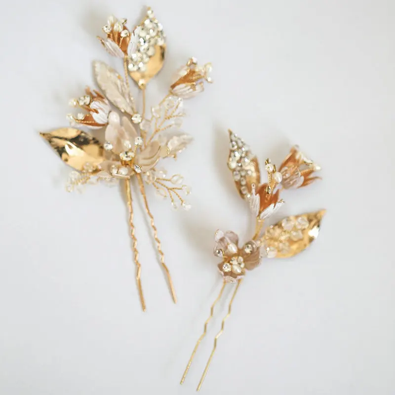 

Bridal Hair Accessories Handmade Leaf Crystal U Shape Hair Clip White Enamel Hairpin Wedding Headpiece Hair Jewelry