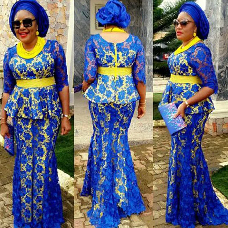 Aso Ebi стиль королевский синий Русалка вечернее платье с длинным рукавом Кружевное