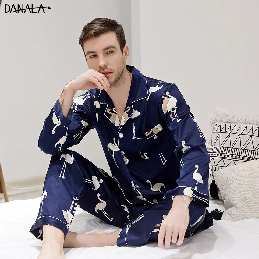

DANALA Silk Satin Pajamas Sets For Men Animals refreshing Simple Men Nightwear Sets Home Suits Sleepwear Three Quarter Sleeve
