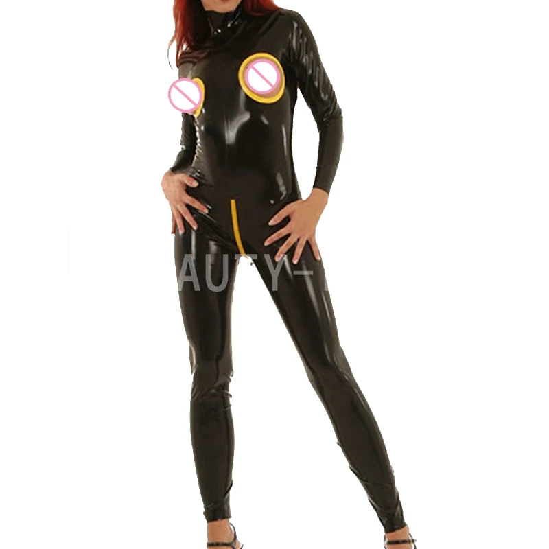 Latex tight bodysuit catsuit with crotch zipper open breast sexy boobs