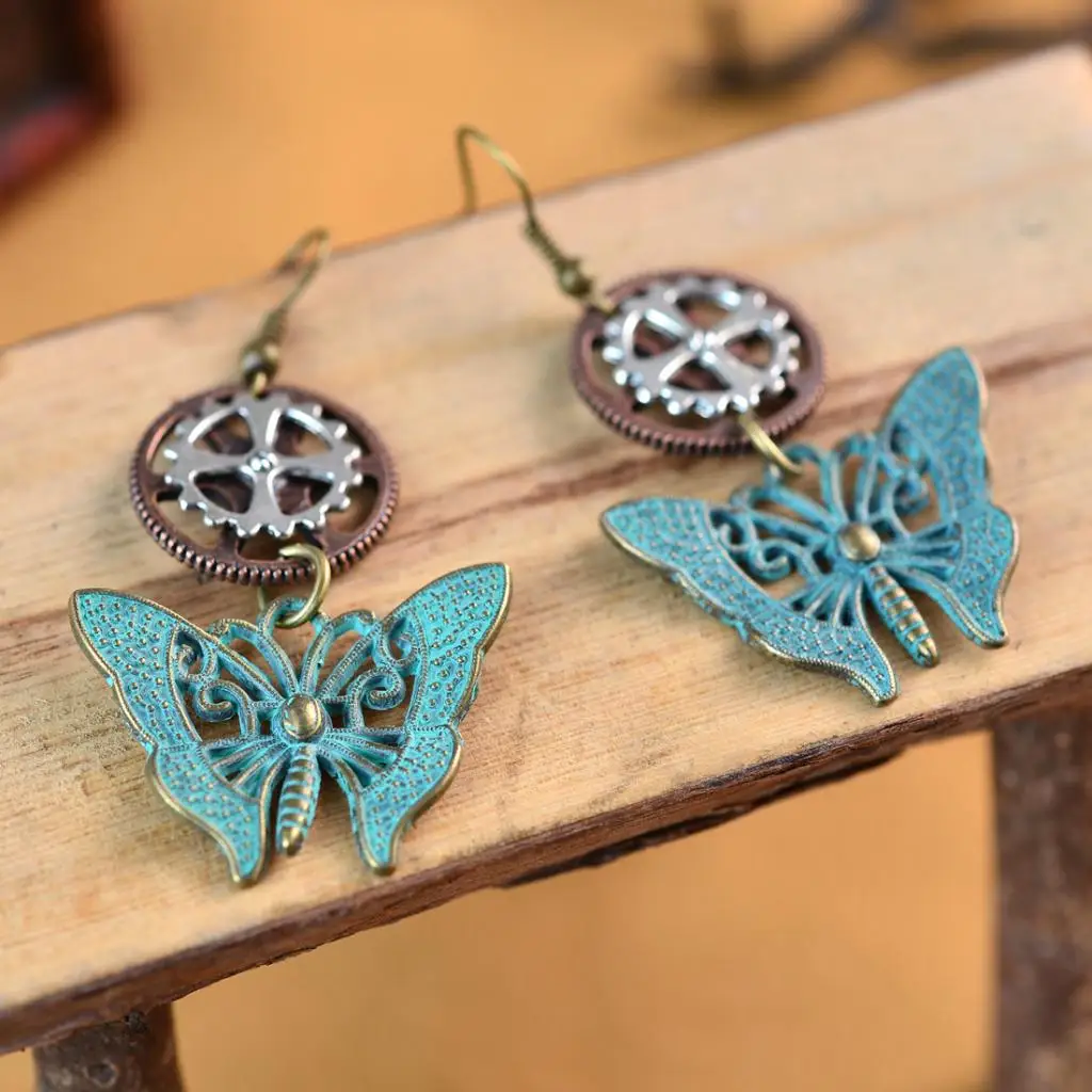 Gothic SteamPunk Gear Earrings Butterfly Dangle Punk Antique Women Jewellery