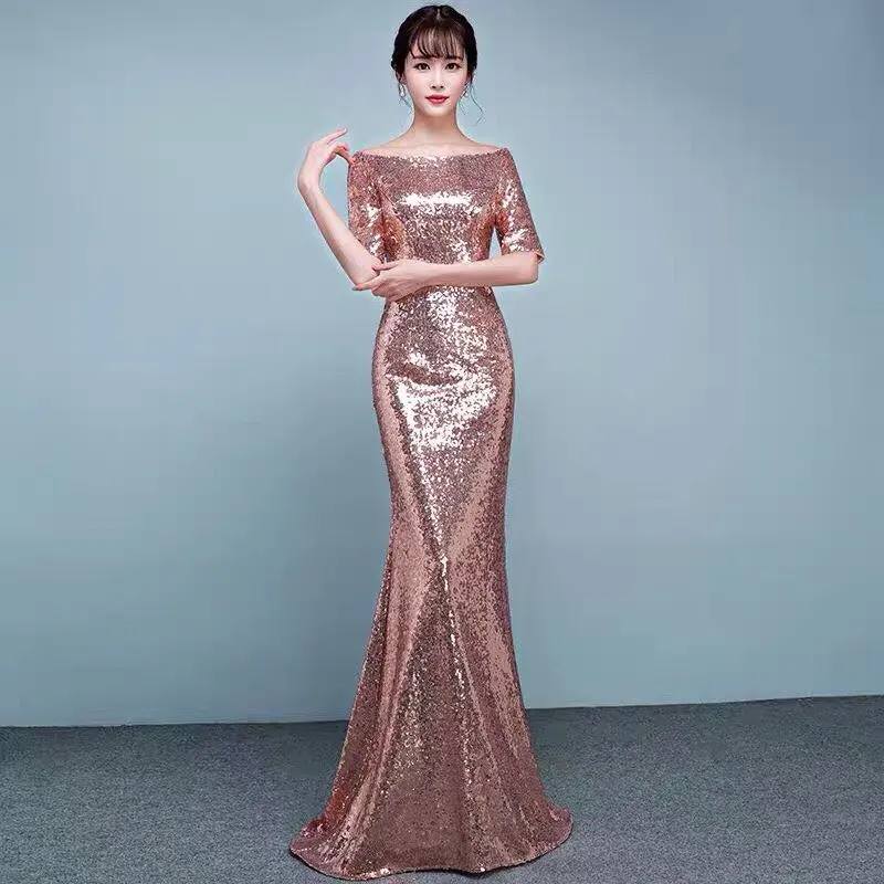 

Rose Gold Sequins Mermaid Scoop Neck Bridesmaid Dresses 2020 Half Sleeves Long Party Dress vestido de festa longo