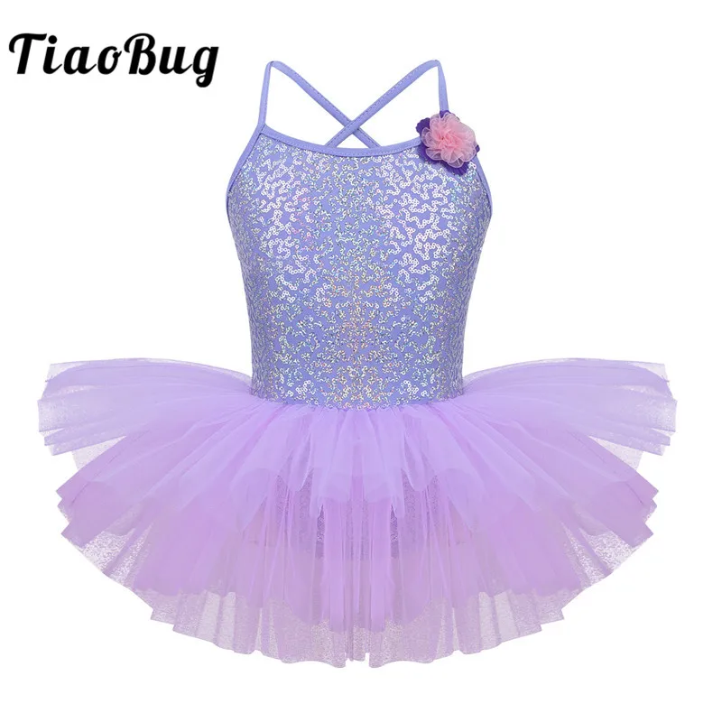 

TiaoBug Girls Lavender Ballet Tutu Dance Leotard Mesh Dress Spaghetti Straps Sequin Kids Ballet Leotards Child Stage Dance Wear
