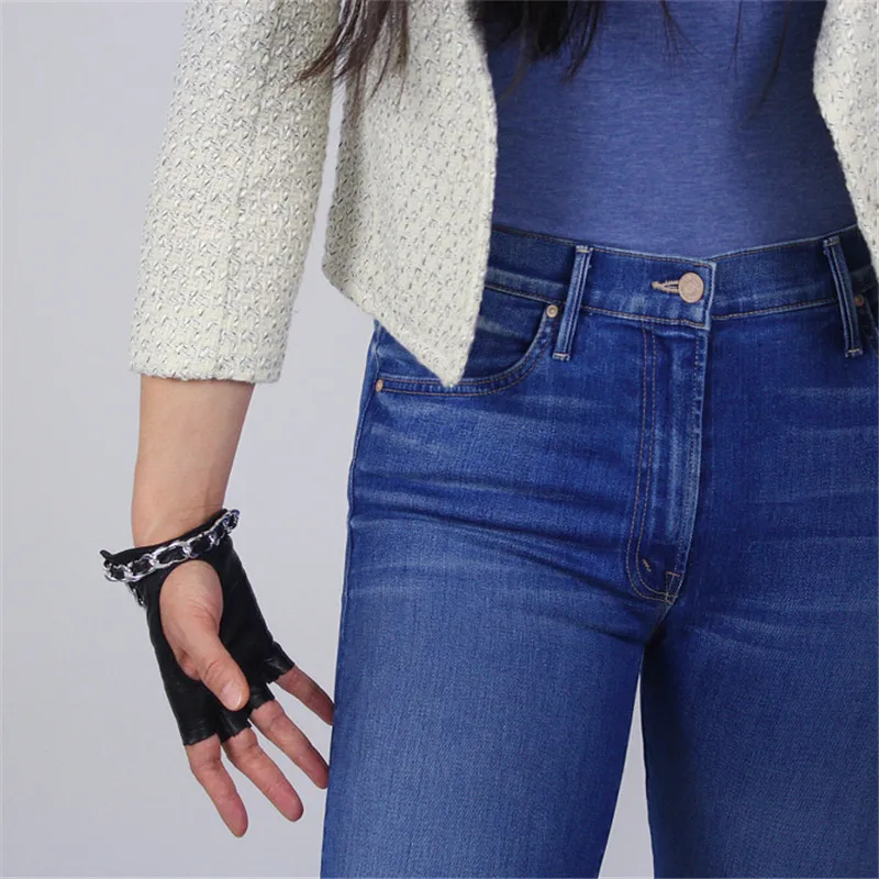 Genuine Leather Gloves Pure Goatskin Black Semi-Finger Ultra Short Touch Screen Female Mittens Silver Chain Decoration TB79-1