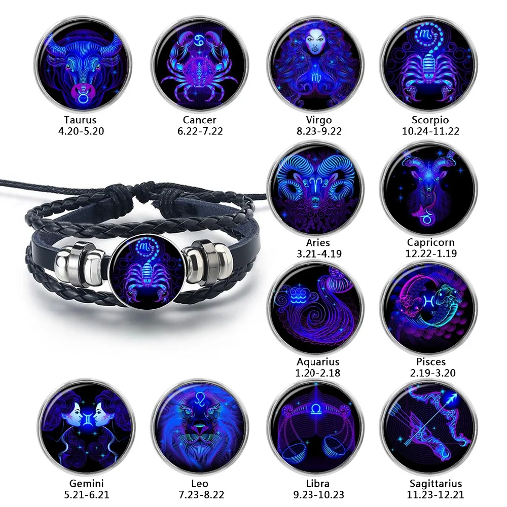 

12 Constellation Aquarius Pisces Aries Zodiac Signs Round Black Woven Leather Bracelet Glass Dome Button Pendant Man Woman Gift