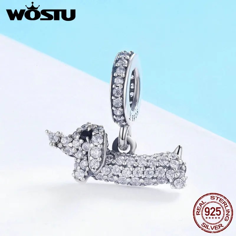 WOSTU 100% 925 пробы Серебряный собачий Поппи такса круглый CZ камень ослепительные