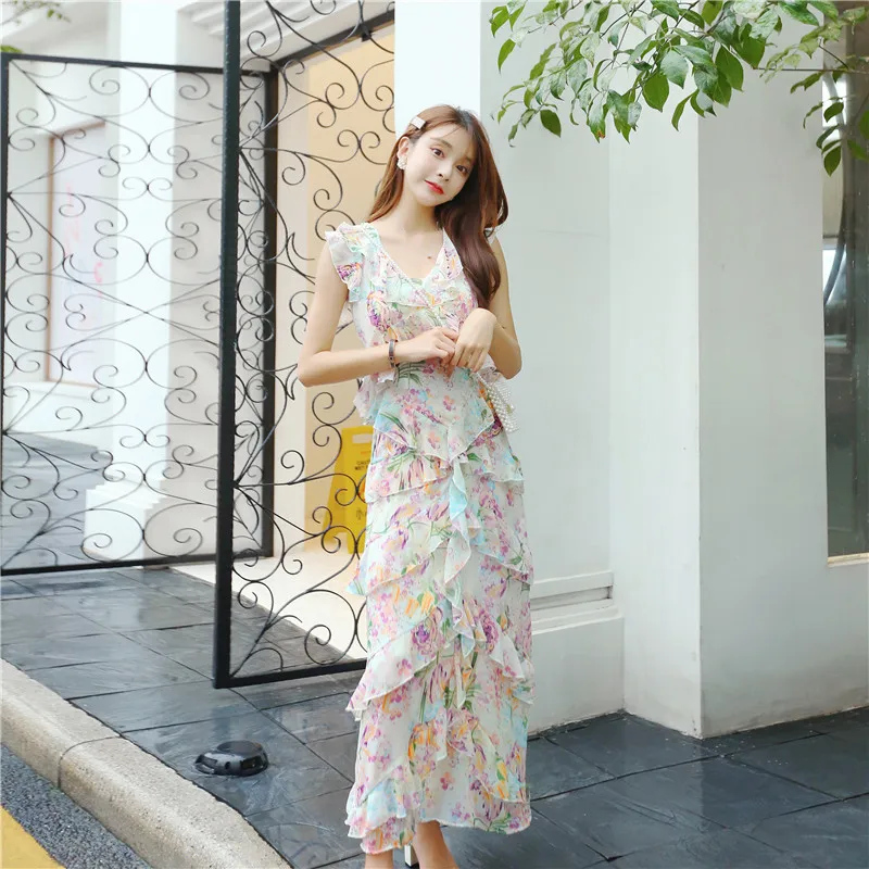 

Limiguyue summer sleeveless layer print holiday beach dress women ruffles casual long dresses female cute runway vestidos T578