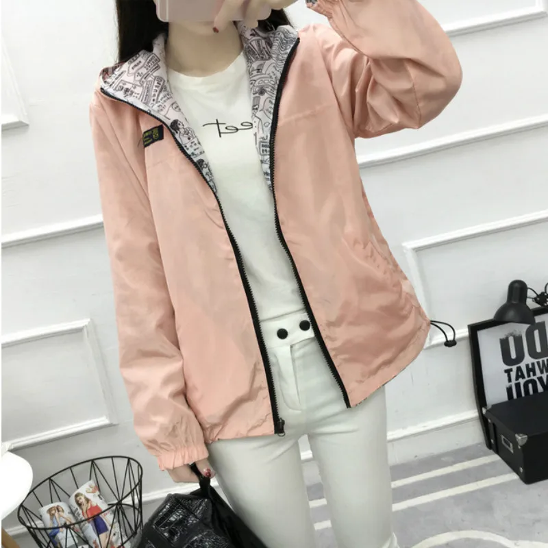 

Women Jacket 2018 Fashion Spring Women Coat Basic Pink Bomber Jacket Pocket Zipper Hooded Print Outwear Jacket Women