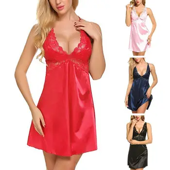 

Women Deep V-Neck Backless Nightgown Floral Lace Satin Bowknot Sleepwear Pajamas