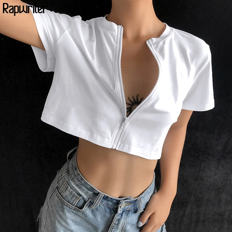 

Rapwriter Casual O-Neck Short Sleeve Loose Zipper White T-Shirt Women 2019 Summer Streetwear Korean Elastic Basic Tee Tops femme
